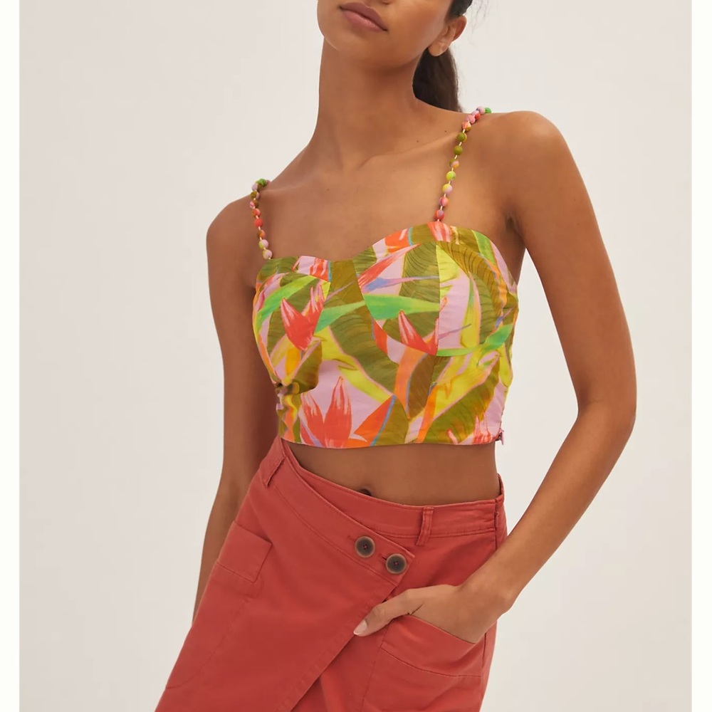 NWT Farm Rio Beaded-Strap Tropical Leaf Crop Top. Sz: L